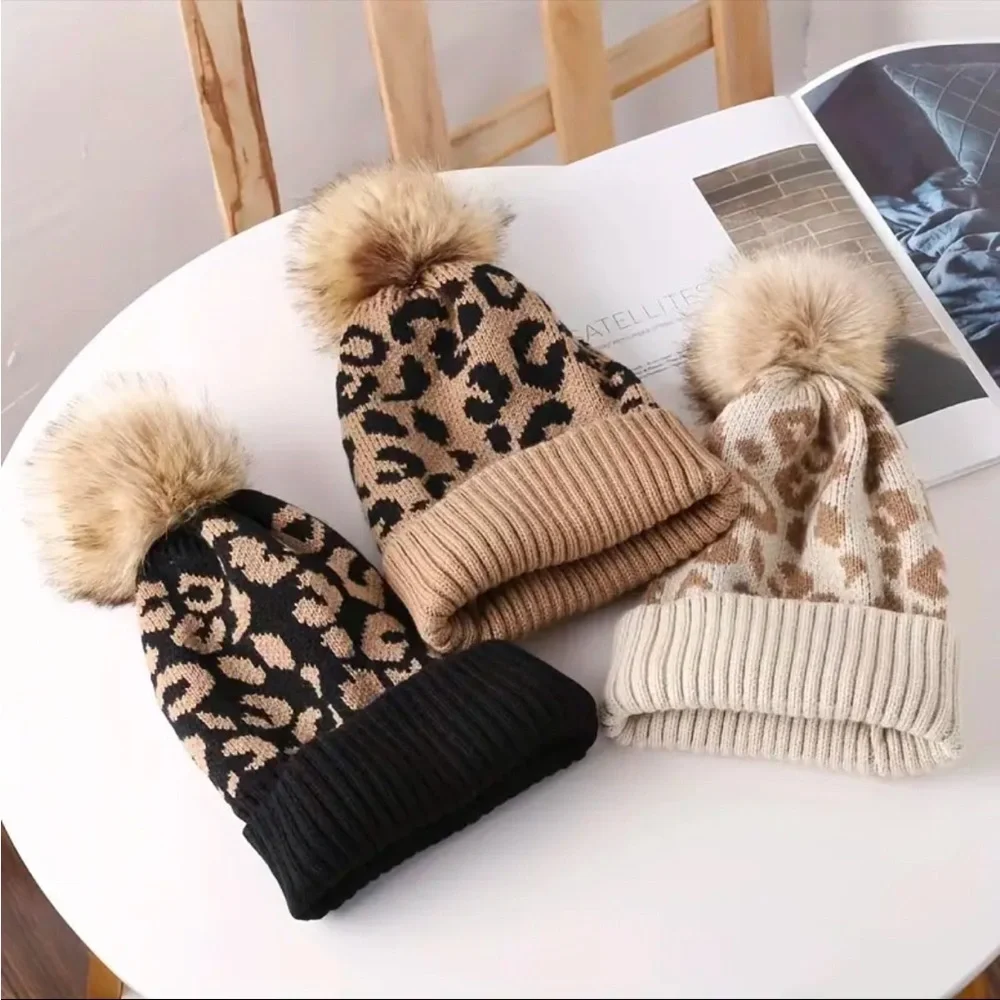 Leopard Print Pom Pom Beanie Knit Winter Hat Neutral Cozy Chic StyleNWT